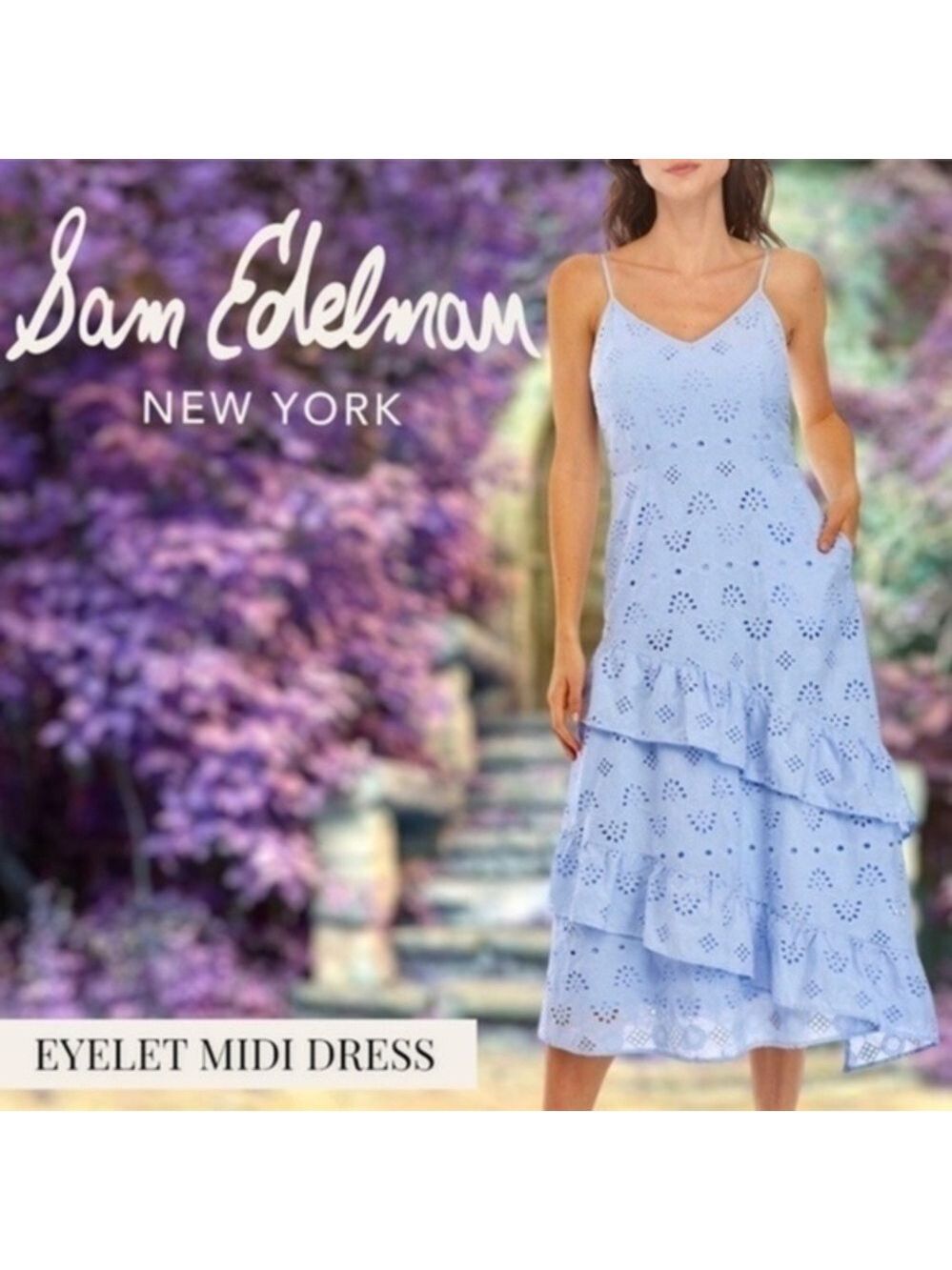 SAM EDELMAN Strappy Asymmetrical-Ruffled-Tier Cotton Eyelet Midi Dress NWT/10